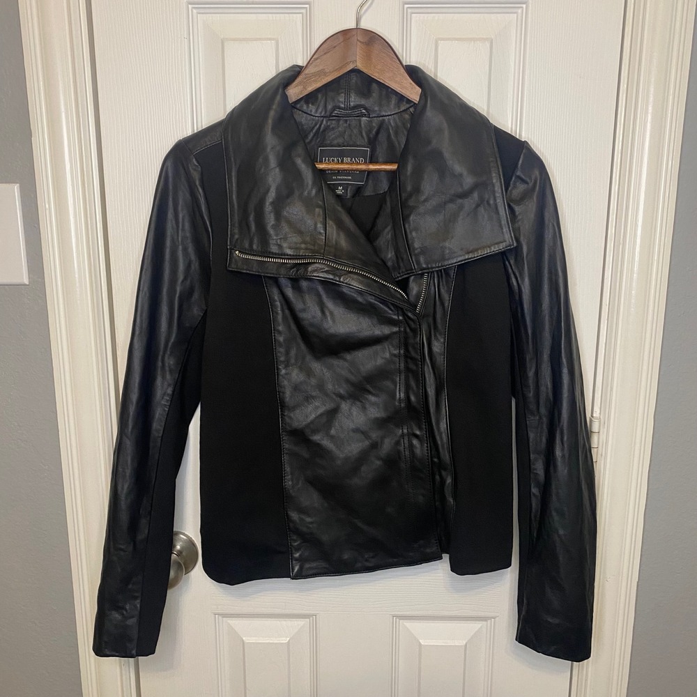 Lucky Brand Womens Medium Black Leather Mixed Media Moto Jacket Asymmetric Zip